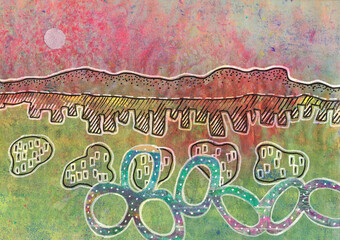 original seasons landscape made by watercolor and acrylic pen