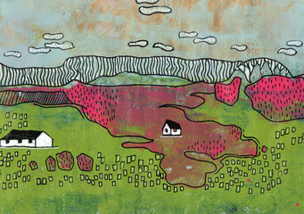 original seasons landscape made by watercolor and acrylic pen
