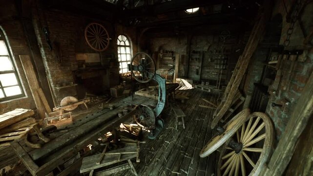 This old carpentry workshop showcases various vintage tools, timber scraps, and workbenches, reflecting a once busy environment filled with craftsmanship and creativity.