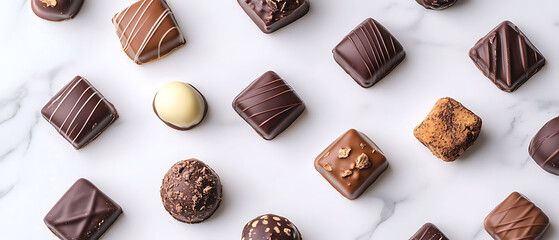 Assorted chocolates arranged on a marble surface
