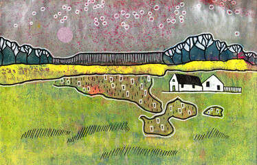 original seasons landscape made by watercolor and acrylic pen