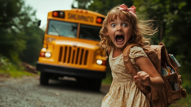 A cheerful girl with a backpack runs excitedly from a school bus, showcasing the pure joy and adventure of childhood as she experiences the freedom of being outdoors.