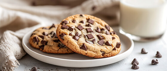 Stack of Chocolate Chip Cookies with a Glass of Milk