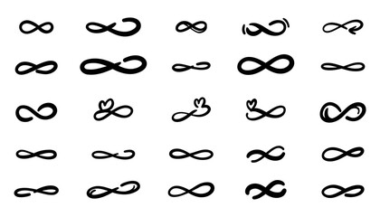 Doodle infinity icon set. Hand drawn endless loop symbols. Vector collection of infinite signs in sketch style. Minimal black outline elements. Isolated illustration.