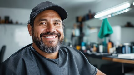 A friendly barber smiles at the camera in a stylish barbershop, showcasing a warm atmosphere and professionalism, ideal for promoting grooming services.