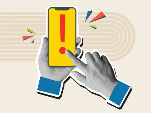 Black and white hands holding a phone with a red exclamation mark. Modern photo collage style. Vector illustration