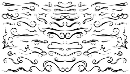 Calligraphy decorative swirl set. Elegant retro curves, pen strokes, vintage ornaments and monogram dividers. Filigree lines for wedding cards, invitations. Vector isolated elements.