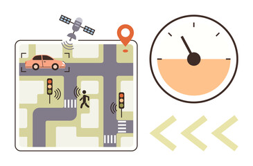 GPS satellite tracking car on city map, sensors at crosswalks, traffic signals, speed indicator. Ideal for urban planning, transportation, smart city, road safety, navigation technology mobility