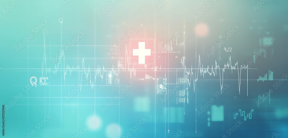 Poster abstract medical data visualization with cross symbol and waveform on a light blue gradient backgrou