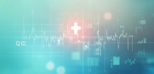 Abstract medical data visualization with cross symbol and waveform on a light blue gradient background