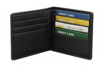 Black leather wallet open showing credit cards on transparent background