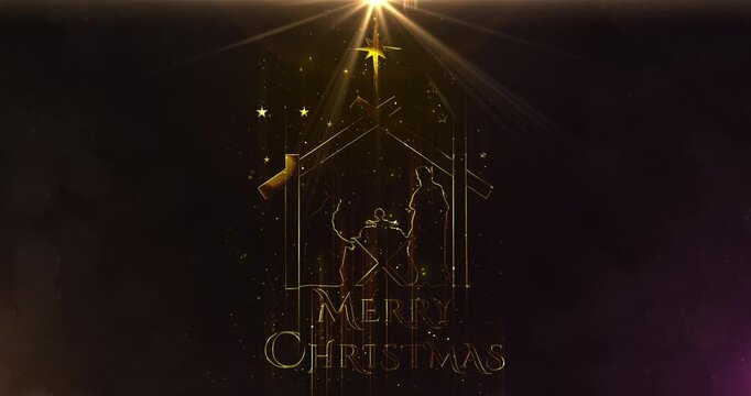Bright Christmas scene animation with light particles Joseph and Mary praying in the manger. Seamless Loop of Nativity Christmas story under big star. 4k