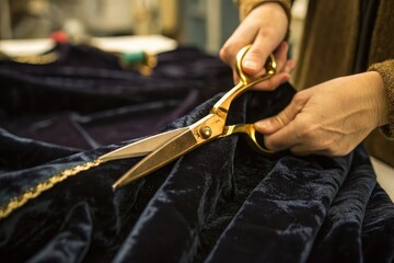 Gold scissors cutting dark velvet fabric