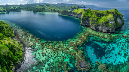Fototapeta premium A vibrant tropical coral reef thrives in the clear blue sea, part of a stunning island nature landscape perfect for a summer travel vacation