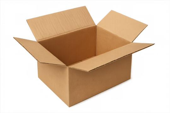 Open cardboard box isolated on transparent background, ready for shipping