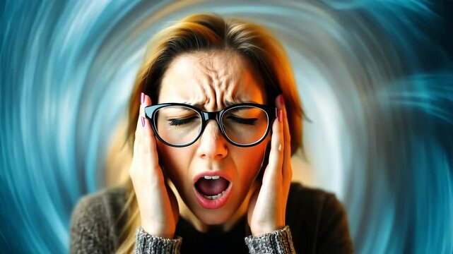 Vertigo struggle view: Woman faces spinning sensation, balance loss, emotional toll, health shift, mind-body link, medical factor, disoriented state, stress trigger, personal challenge, internal wave