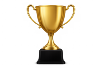 Golden trophy cup standing on transparent background representing victory and achievement