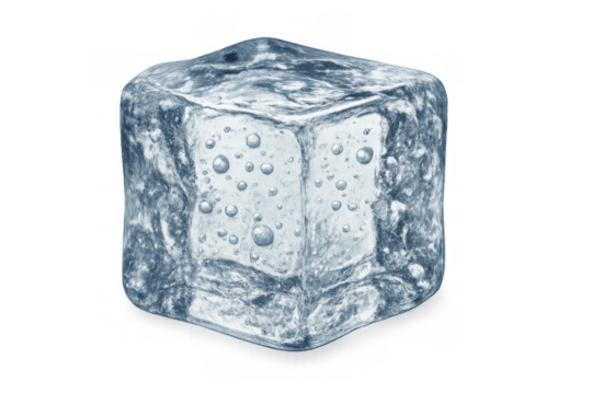 Ice cube melting on transparent background with air bubbles trapped inside