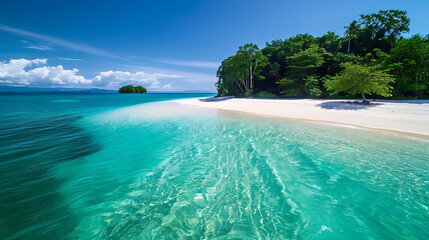 Fototapeta premium Abstract turquoise watercolor background of a tropical summer seascape with blue sky, sun, and island