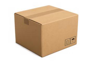 Closed cardboard box with shipping label on transparent background