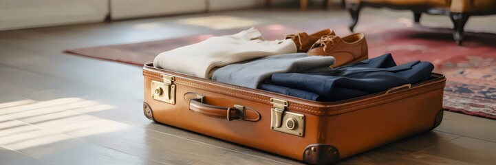 Vintage suitcase packed on hardwood floor – Perfect for travel lifestyle blogs, packing tips content, or nostalgic branding
