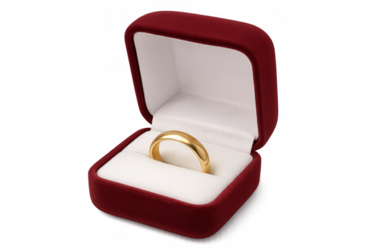 Golden wedding ring resting in red velvet box on transparent background