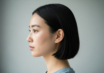 室内で凛とした横顔を見せる、ツヤのある黒髪ストレートボブの女性