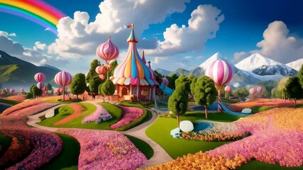 Whimsical landscape with colorful striped building, rainbow, flowering meadow and balloon-like trees under a bright blue sky with fluffy clouds - Powered by Adobe
