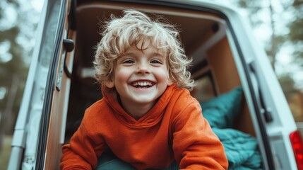 A cheerful child with curly hair smiling widely from inside a van, exuding joy and warmth in an outdoor setting surrounded by trees and natural beauty.