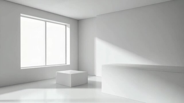 Bright minimalist interior showcasing two white cuboids near windows illuminating an empty room with glossy floor, neutral tones, and clean geometric forms.