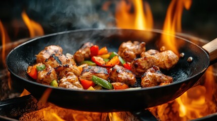 A mouthwatering image of grilled chicken pieces and colorful bell peppers sizzling in a frying pan, highlighting the exciting beauty of cooking and culinary art.