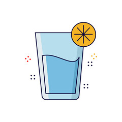 A cartoon vector icon of a glass filled with a blue liquid, garnished with a yellow citrus slice, perfect for symbolizing refreshing beverages.