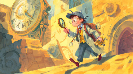 storybook illustration of a kid detective time