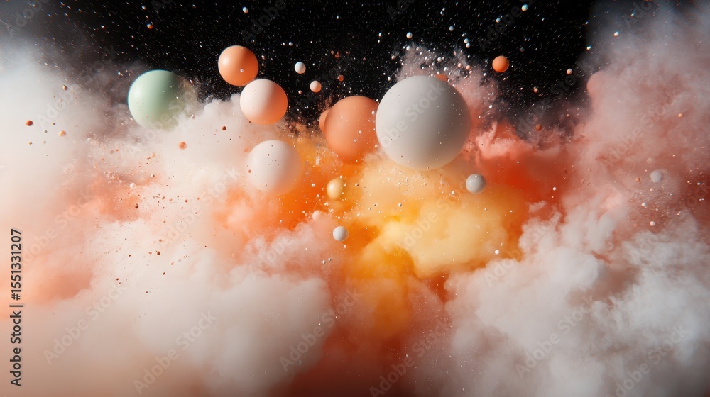 Poster a mesmerizing display of colorful spheres amidst clouds, creating an abstract representation of flui