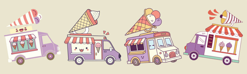 Whimsical ice cream truck vector set in pastel tones, perfect for summer themes, children&rsquo;s designs, menus.