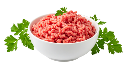 a white bowl of minced meat is isolated on solid white background Png