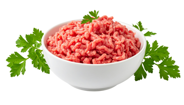 a white bowl of minced meat is isolated on solid white background Png
