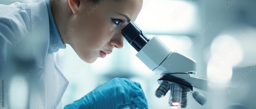 Poster the scientist examining samples through a microscope in a modern laboratory setting.
