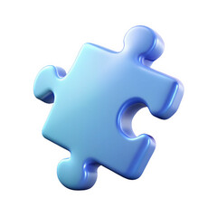 Single Light Blue 3 D Puzzle Piece Icon with Soft Glowing Edges Rendered on Transparent Background isolated on a transparent background
