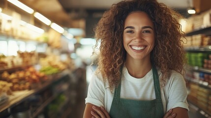 A joyful woman in an apron stands confidently in a grocery store, showcasing a warm smile and lively curly hair, embodying a friendly shopping experience for customers.