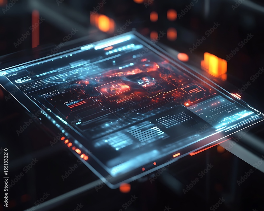 Poster illuminated digital display with data visualizations and glowing orange accents on a dark background