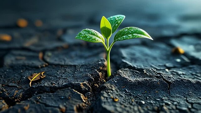 Time lapse photography of cinematic close up of small green plant sprouting through cracked dry soil dew drops on leaves and blackened soil 