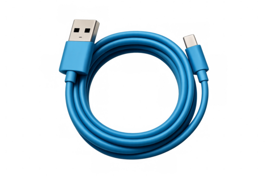 Blue usb cable coiled on transparent background