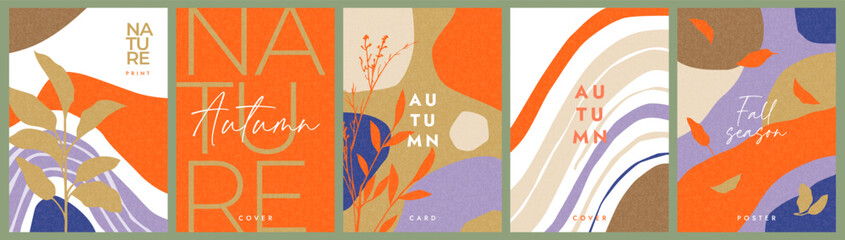 Obraz na płótnie Canvas Set of trendy modern art style abstract autumn poster or cover with bright beautiful leaves, plants, shapes. Fall background, Sale banner, or flyer design. Template for advertising, web, social media
