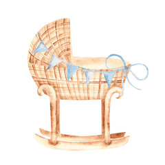 Baby Boy cradle from rattan with Bunting Party blue Flags, Garland in Vintage style isolated on a white background. Hand drawn Watercolor Crib illustration in eco style. Children's accessory for