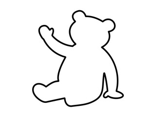Black outline of a toy bear in a waving pose, isolated on white background, graphic illustration. concept of cute animal, icon, logo, design element, decorative art.
