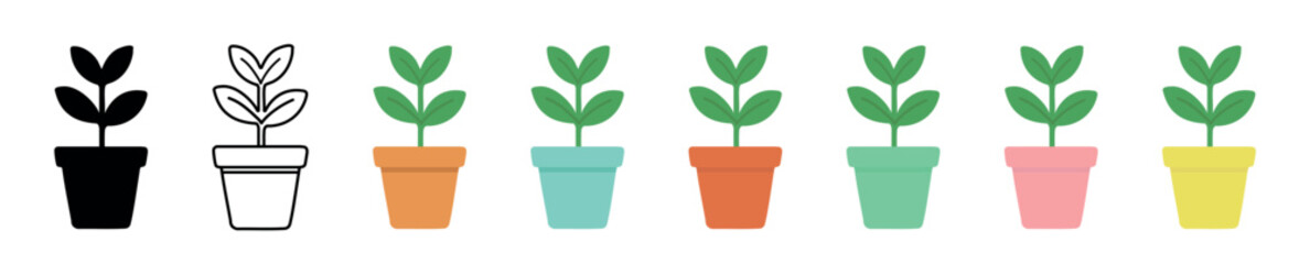 Collection of potted plant illustrations in various styles including black silhouette and colorful designs isolated on white background. concept of houseplant, floral icon, nature, decor element, set