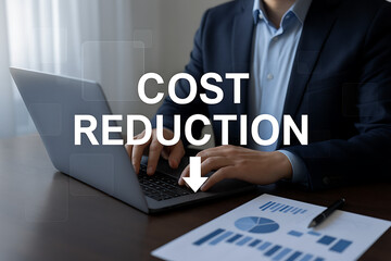 Obraz premium cost reduction, businessman laptop, low cost high profit, virtual cost screen, business efficiency, cost optimization, reduce expenses, business strategy, profit growth, financial planning, operationa