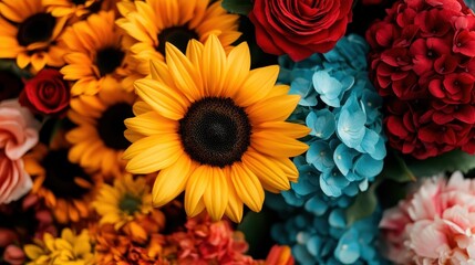 An exquisite array of vivid flowers including sunflowers, roses, and hydrangeas, showcasing the beauty of nature and evoking feelings of joy, love, and celebration.