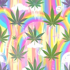 Seamless Loop of Glitch-Art Cannabis Leaves, Shroom Clouds, Rainbow Trails, and Abstract Shapes